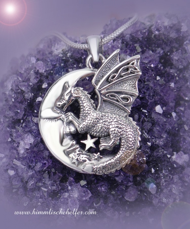 Drachenanhänger mit Mond und Sternen, 925er Sterling Silber - Drache der  guten Wünsche, Spiritueller Schmuck, Anhänger und Amulette