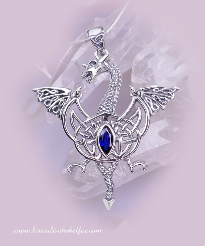 Schutz, Silber Spiritueller - Glück, Anhänger, Saphir Drachen Anhänger Kettenanhänger, | 925er Kraft und mit Erfolg, innere synth. Drachenschmuck Drachen Sterling Schmuck, Amulette 925er | Silber Sterling