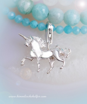 Tänzelndes Einhorn, Einhornanhänger Krafttier Charm Silber Anhänger mit Karabiner - Reinheit, Lichtarbeit