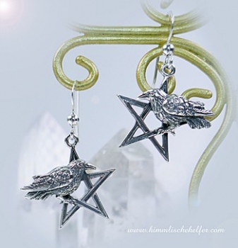 Raben Ohrringe mit Pentagramm, 925er Sterling SIlber, Rabenschmuck - Schutz, Mut, Weisheit